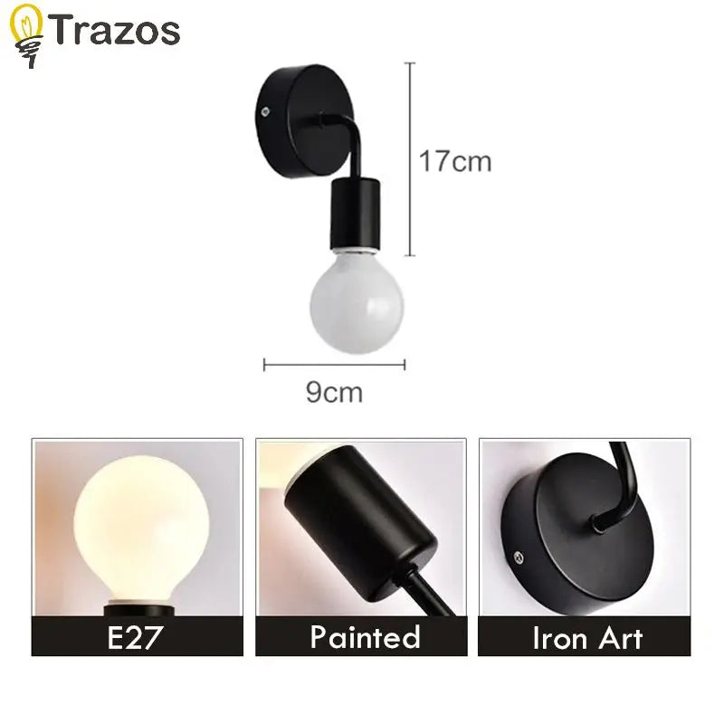 Modern Minimalist LED Iron Wall Lamp Nordic Bedroom Bedside Creative Living Room E27 Black and White Corridor Background Light